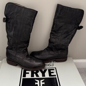 Frye Valerie Shearling Pull On Black Leather Buckle Boots